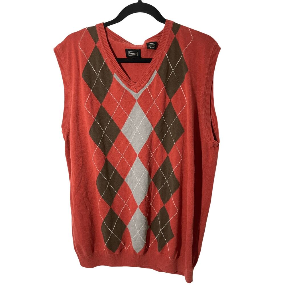 Haggar Argyle Men's XL Plaid Academia V-Neck Quirky 70's Business Sweater Vest